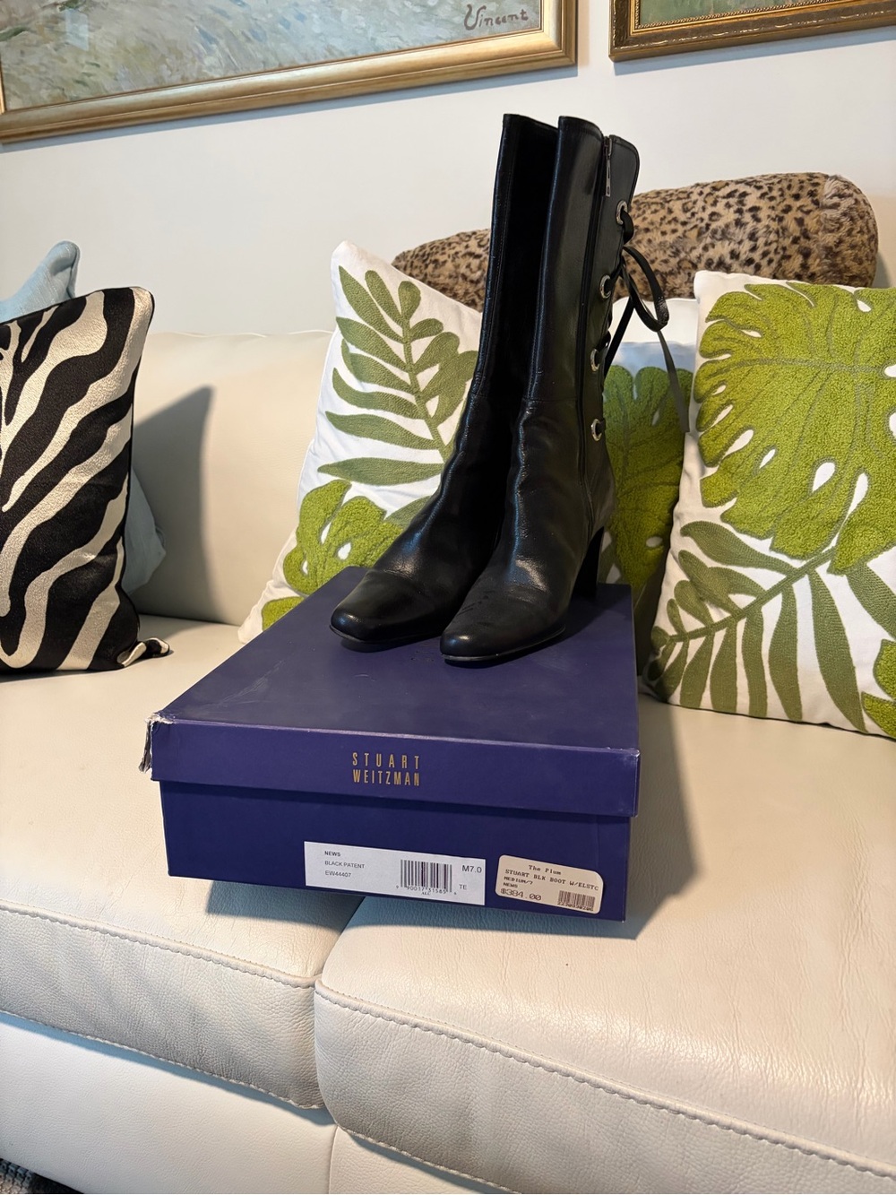 Women's Black Leather Lace-Up Mid-Calf Heeled Boots Stuart Weitzman - Picture 6 of 6